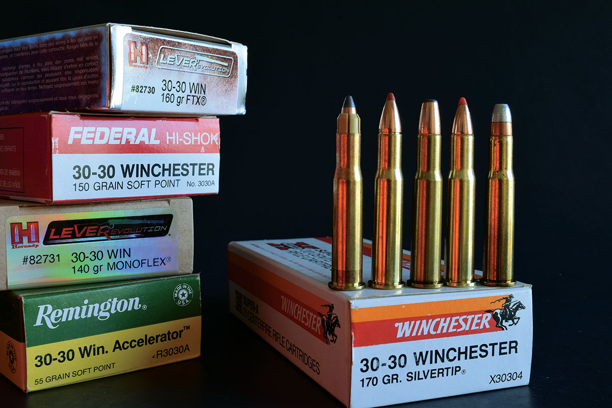 First with 160-grain bullets, the 30-30 has used many others, even a 22 Sabot (left to right: light to heavy).